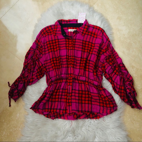 HP🎉FreePeople We the Free Red Combo Pink Pacific Plaid Flannel Top - Picture 4 of 10